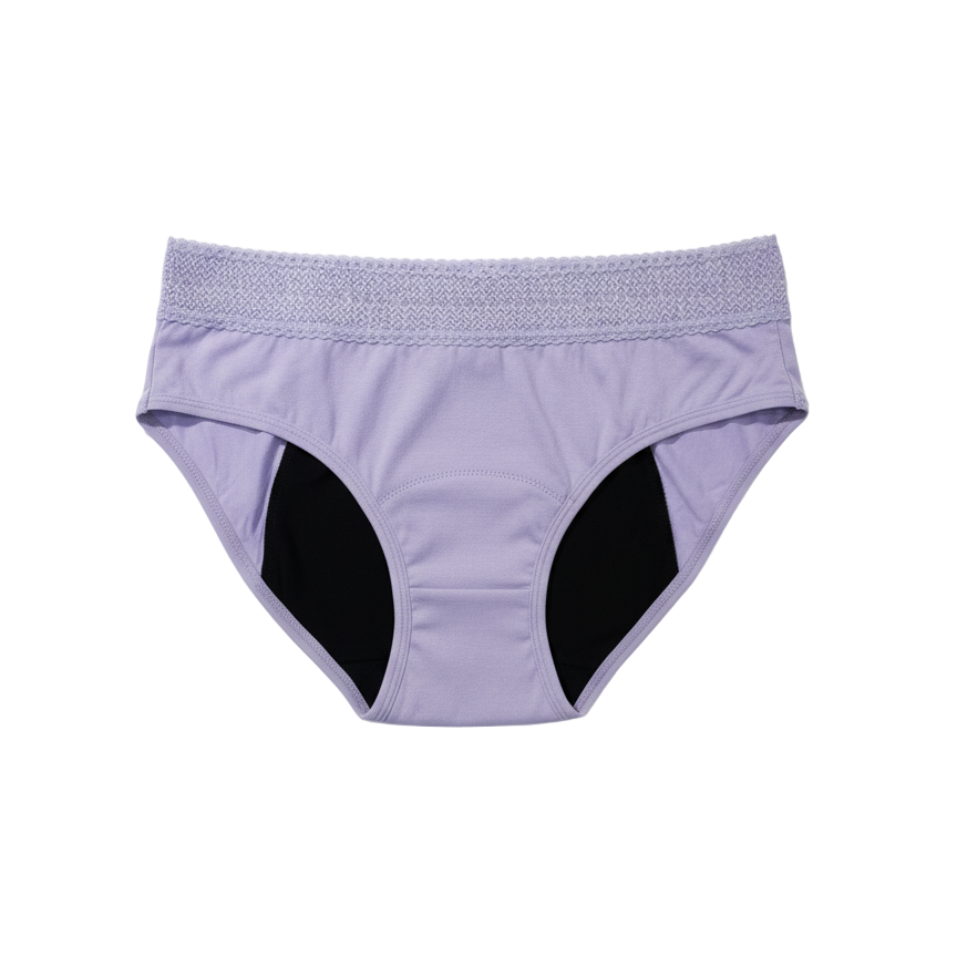 Purple underwear with black accents on a white background