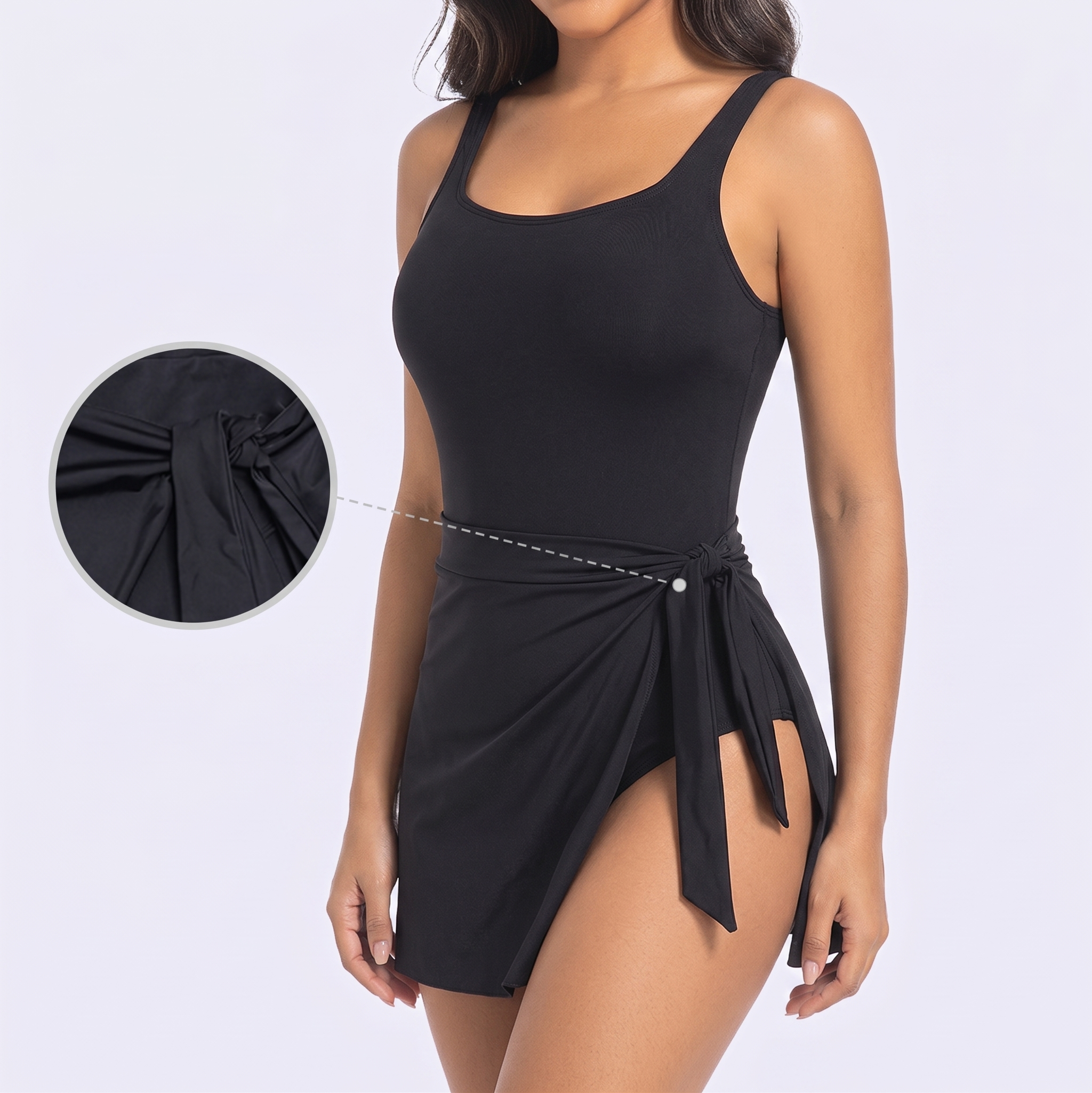 Black sleeveless swimsuit with a close-up detail on a white background