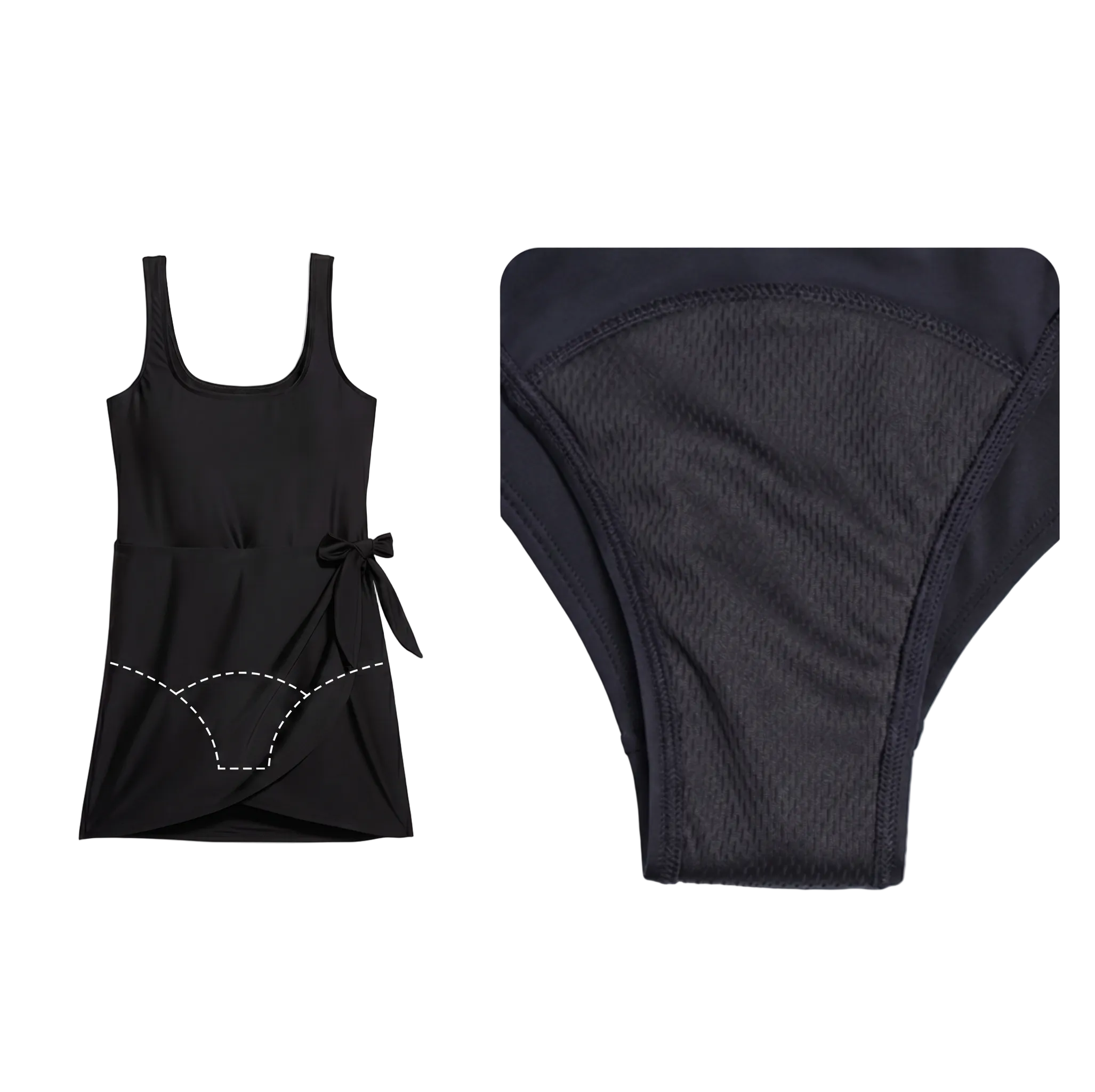 Black swimsuit with a tank top and high-waisted bottom on a white background