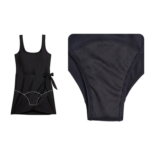 Black swimsuit with a tank top and high-waisted bottom on a white background