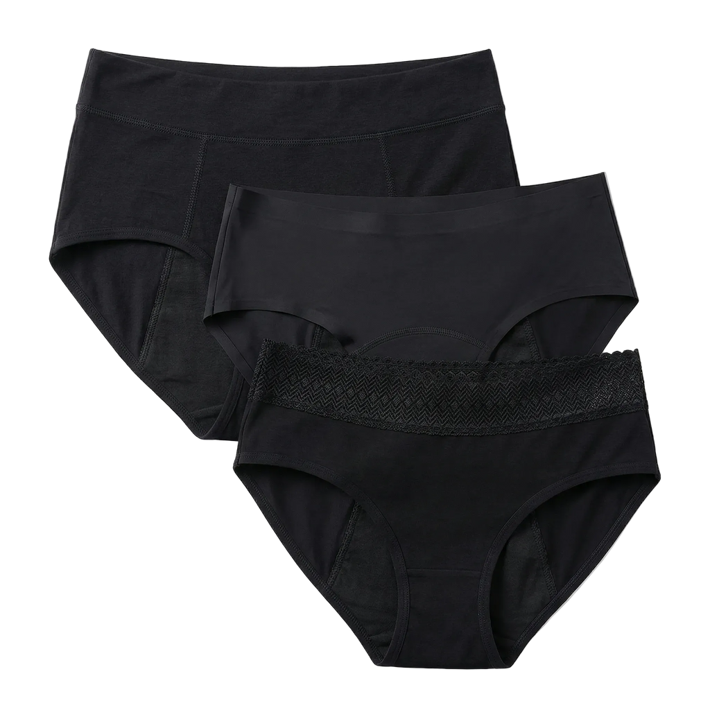 Three pairs of black women's underwear on a white background