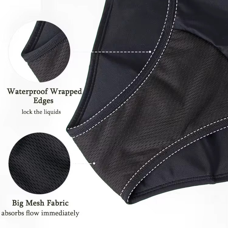 Black underwear with waterproof wrapped edges and big mesh fabric on a white background