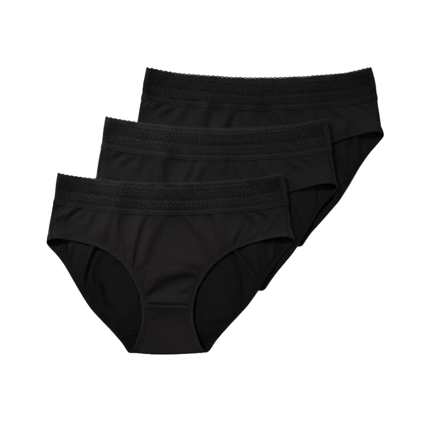 Three pairs of black underwear on a white background