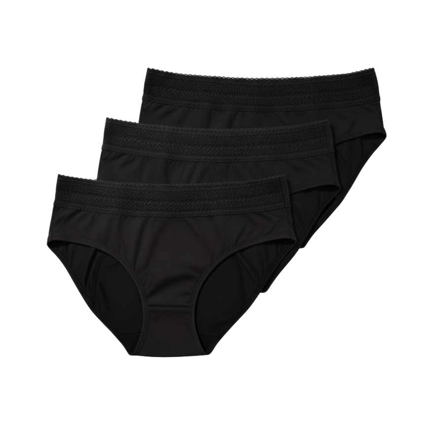 Three pairs of black underwear on a white background