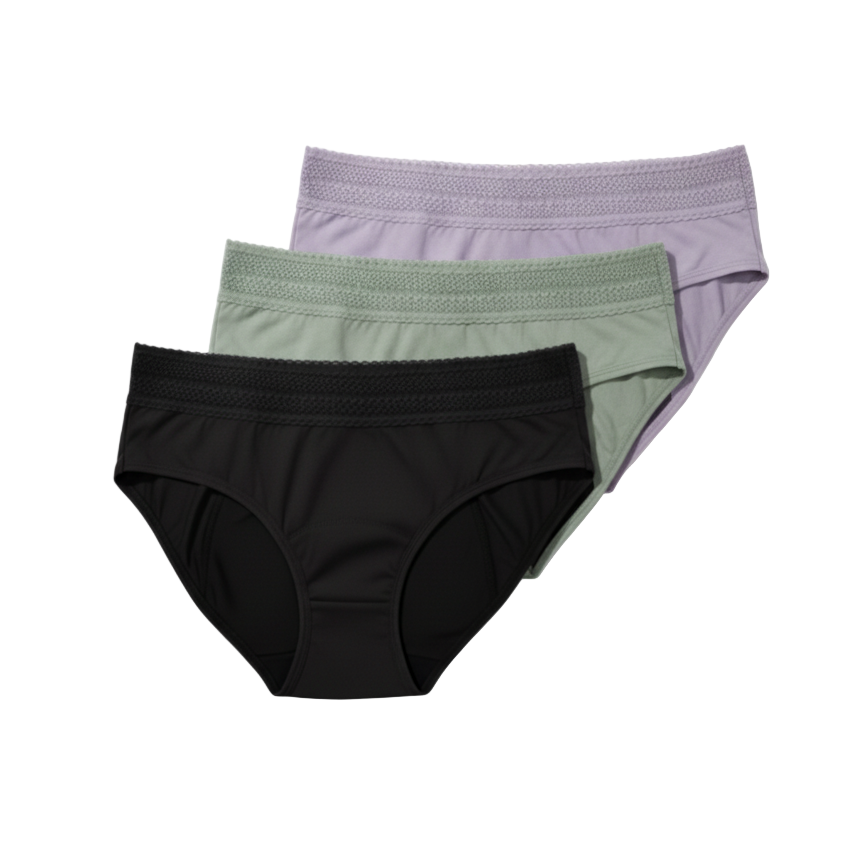 Three pairs of underwear in black, green, and purple on a white background